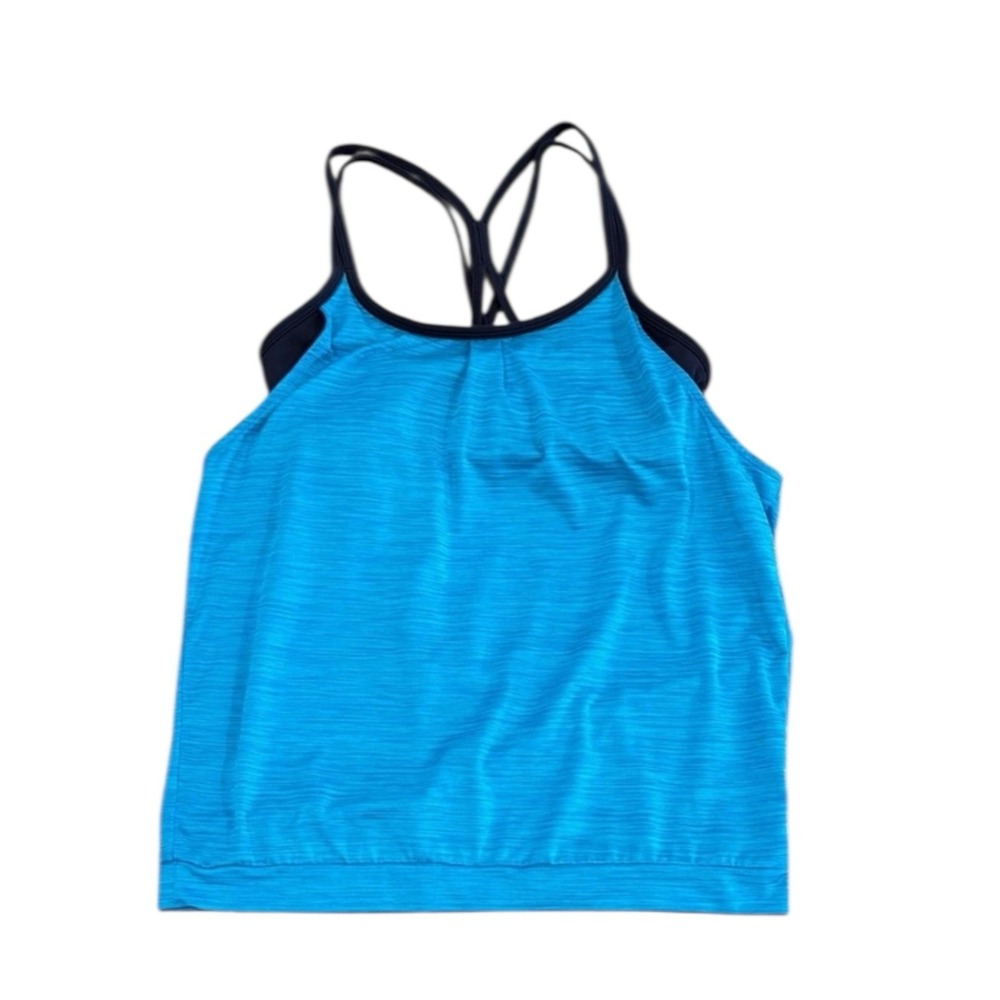 ATHLETA Two Tone Teal Shadow Stripe Energize Built On Bra Active Tank Top Sz S